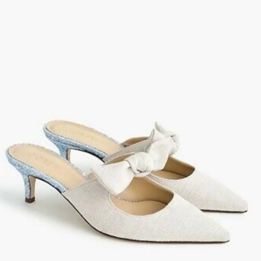 J.Crew Sophia Linen Glitter Pointed Kitten Heel Mules Off White Beige Silver 7.5
